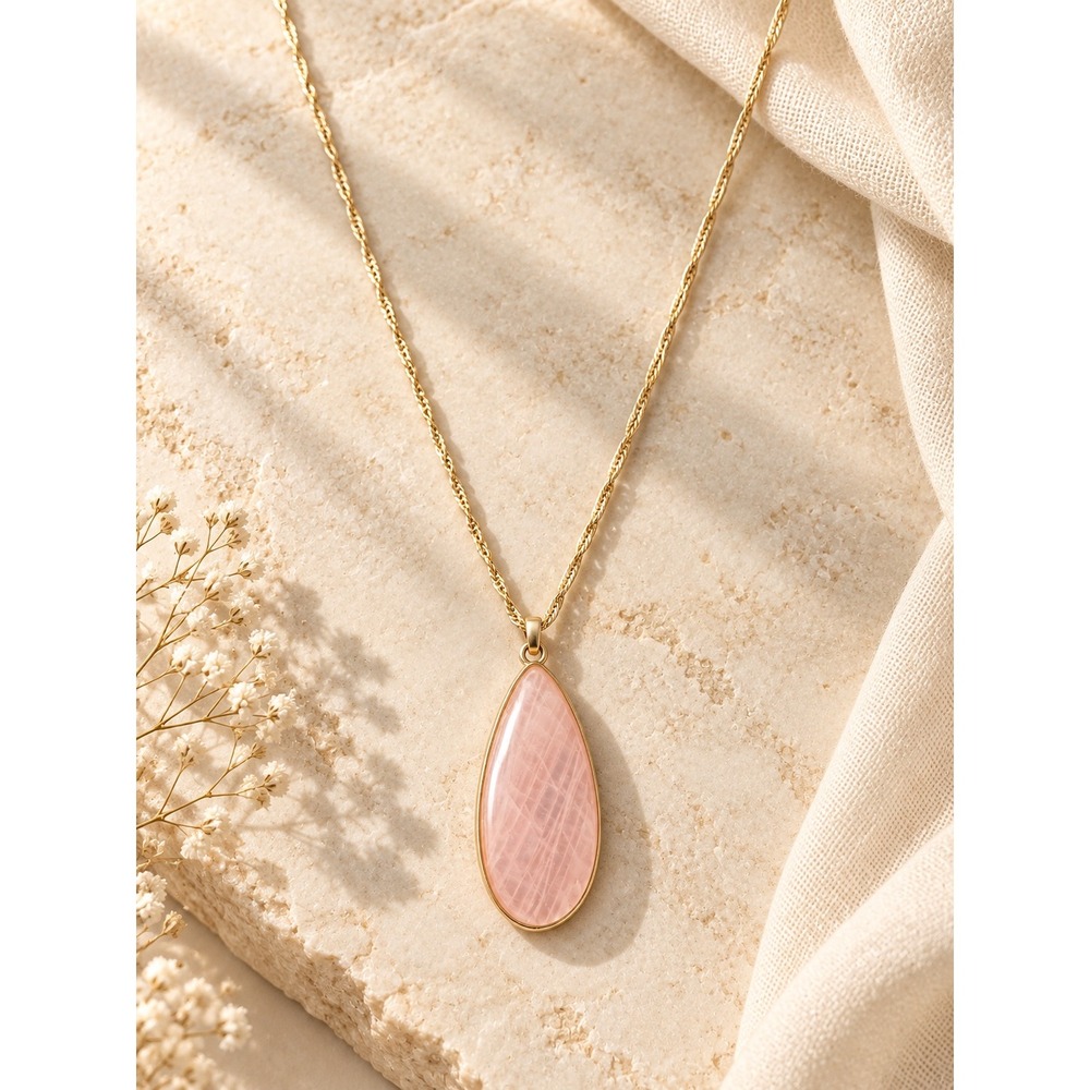 Rose Quartz Teardrop Stone Pendant Necklace Gold Tone Twisted Rope Chain 24 Inch